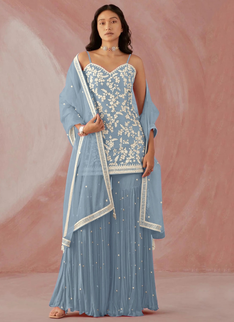 Faux Georgette Palazzo Salwar Kameez in Blue