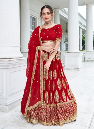 Faux Georgette Red Embroidered Trendy Layered Lehenga Choli