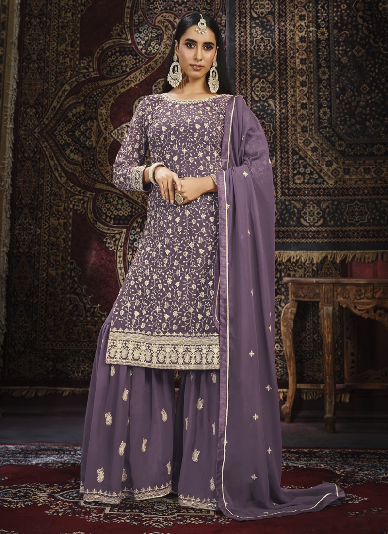 Faux Georgette Resham Trendy Salwar Kameez in Purple