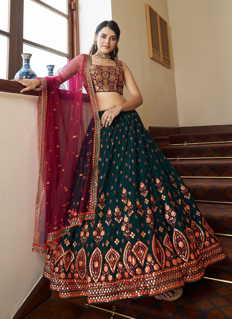 Faux Georgette Thread Lehenga Choli in Green