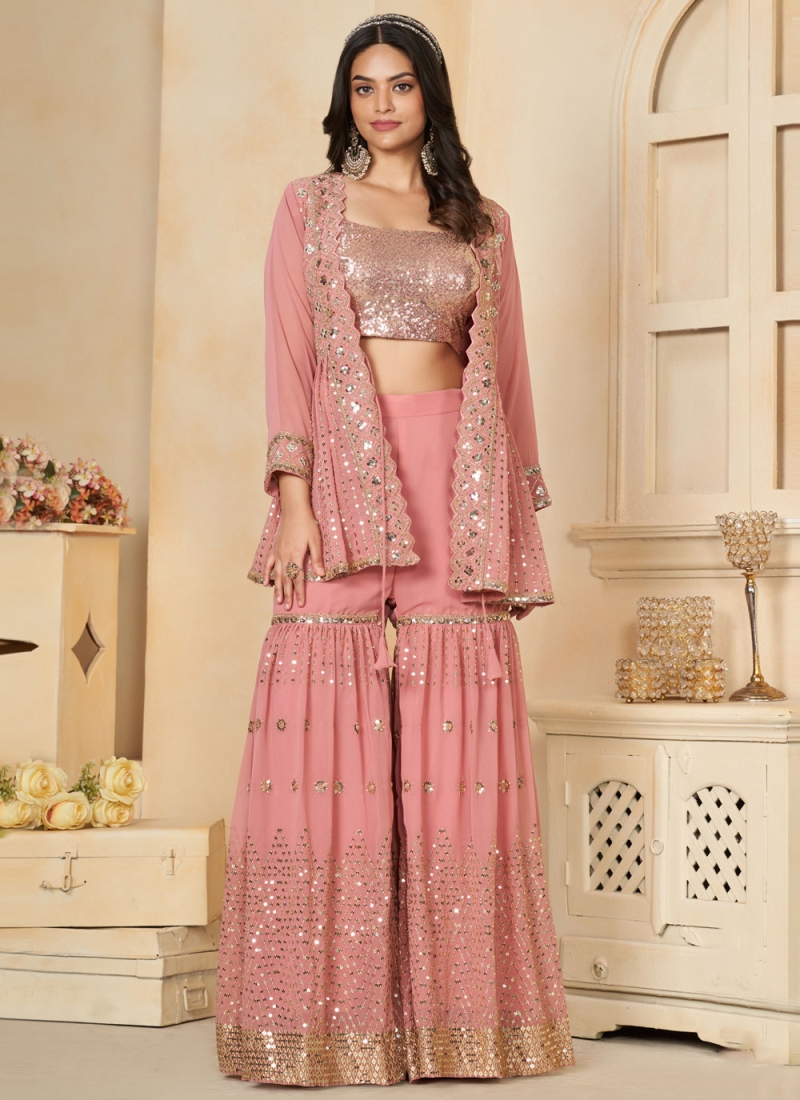 Faux Georgette Thread Work Designer Salwar Kameez in Rose Pink