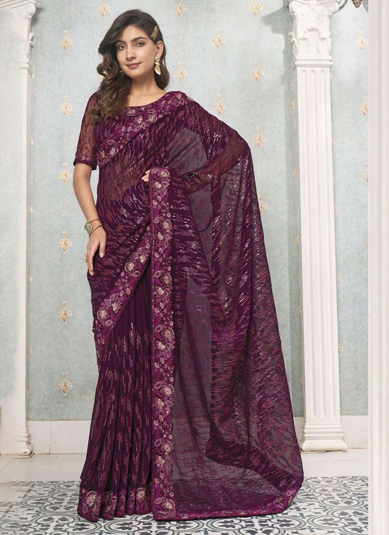 Faux Georgette Wine Embroidered Contemporary Saree