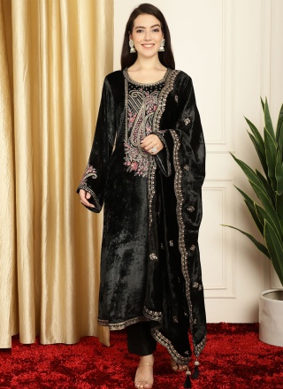 Festal Black Embroidered Velvet Salwar Kameez