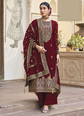 Festal Jacquard Work Silk Maroon Trendy Salwar Kameez