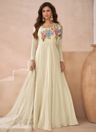 Fetching Embroidered Off White Readymade Floor Length Gown 