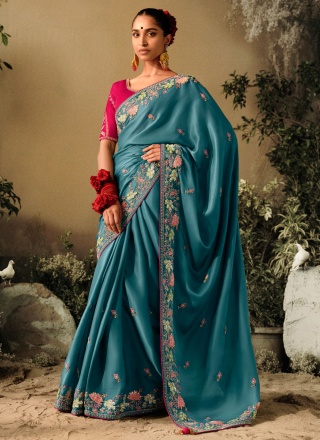 Fetching Embroidered Teal Trendy Saree