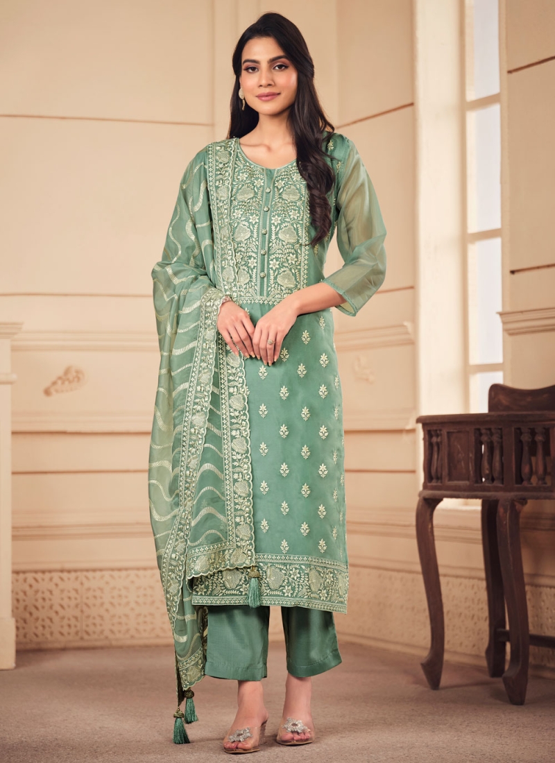 Fine Sea Green Embroidered Organza Salwar Suit