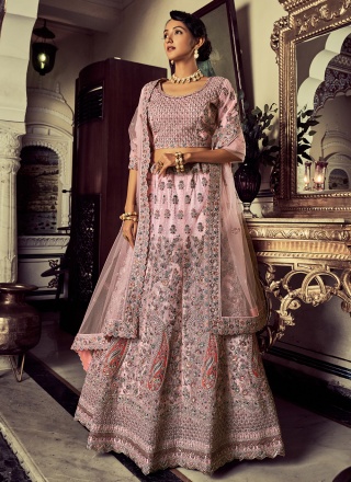 Flamboyant Thread Work Rose Pink Net Lehenga Choli