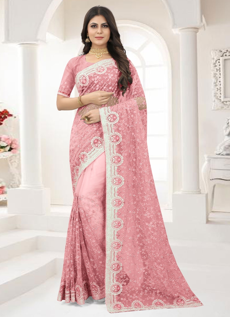 Flawless Embroidered Pink Net Classic Designer Saree