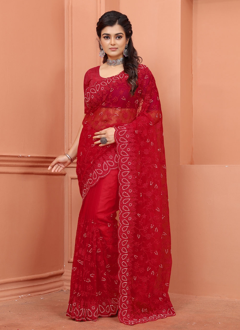 Flawless Red Net Contemporary Saree