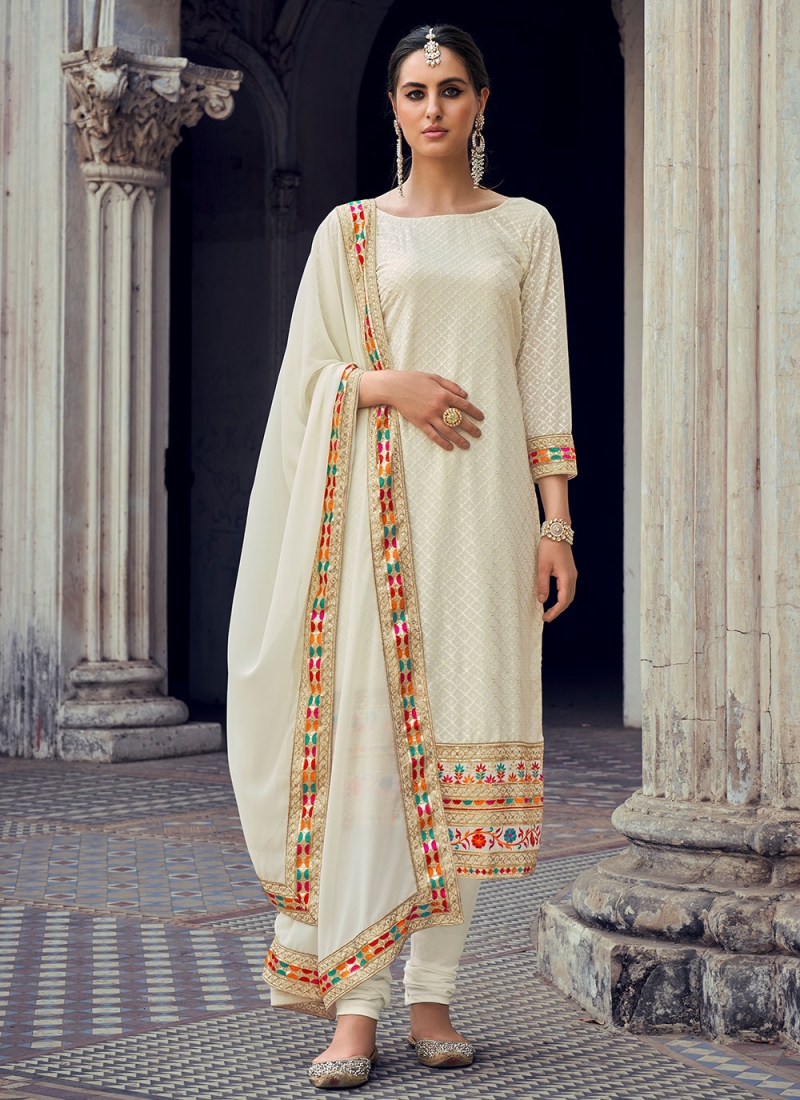Floral Georgette Sequins Off White Straight Salwar Suit