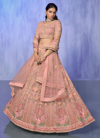 Floral Peach Resham Net Designer Lehenga Choli