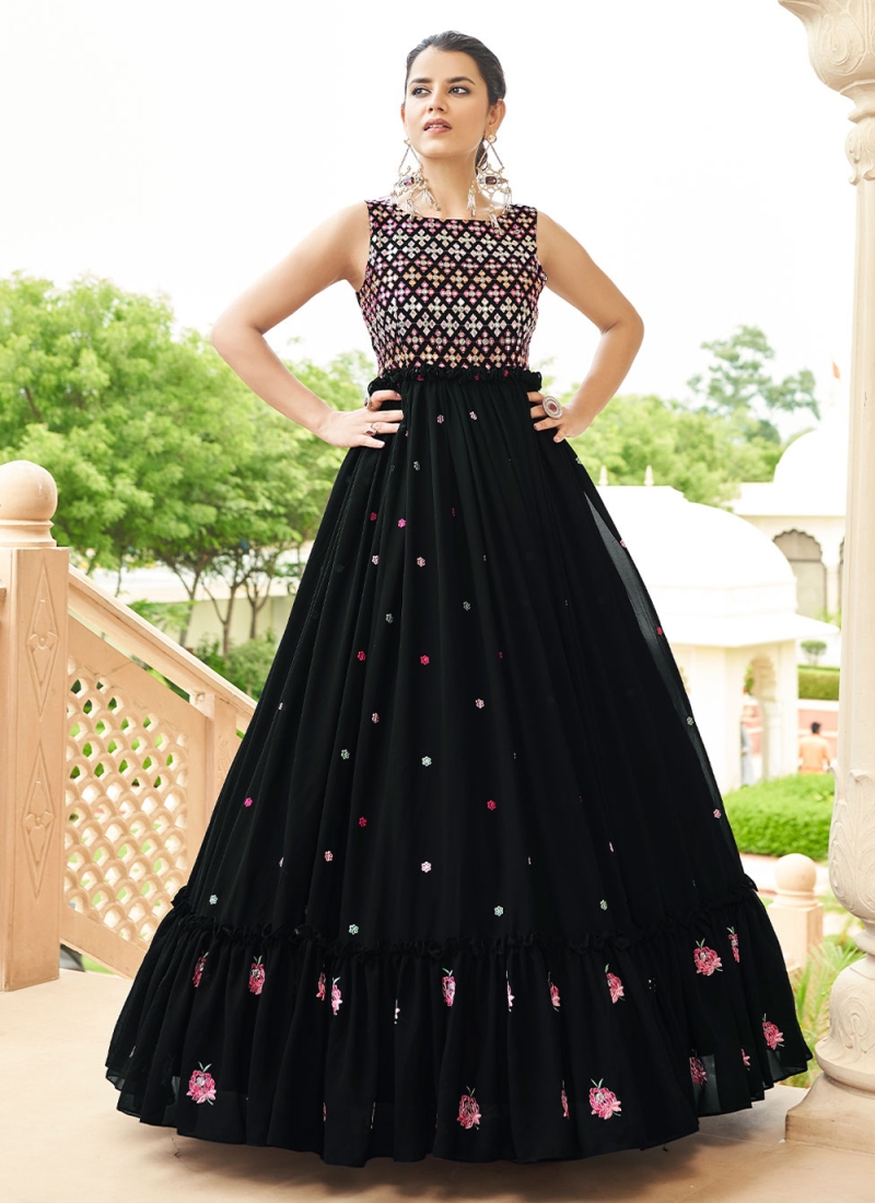 Georgette Black Sequins Designer Gown