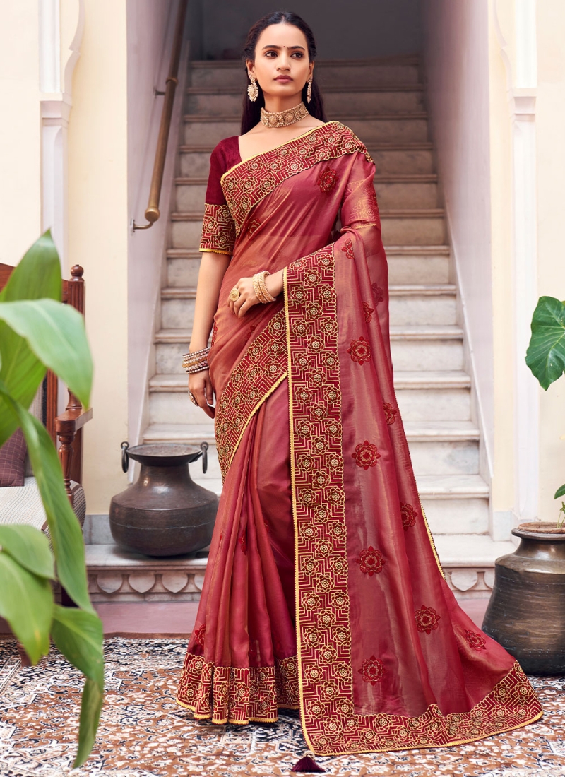 Georgette Border Pink Contemporary Style Saree