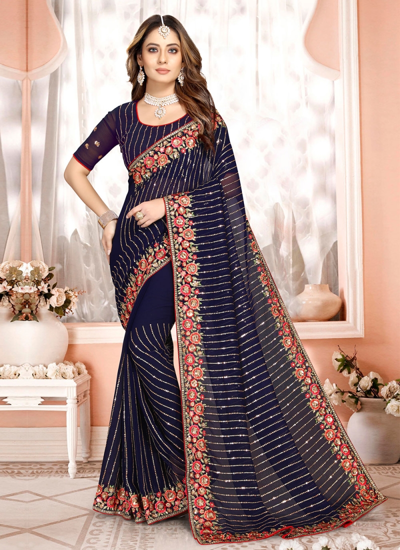 Buy Designer Saree - Vista Blue Crepe Georgette Silk Embroidered Saree –  Empress Clothing