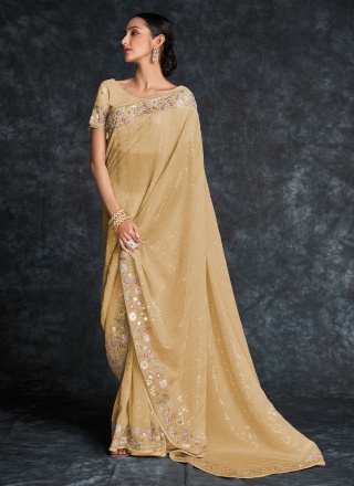 Georgette Embroidered Beige Saree