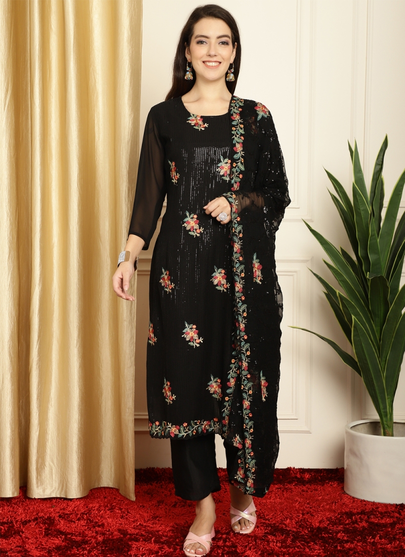 Georgette Embroidered Black Salwar Suit