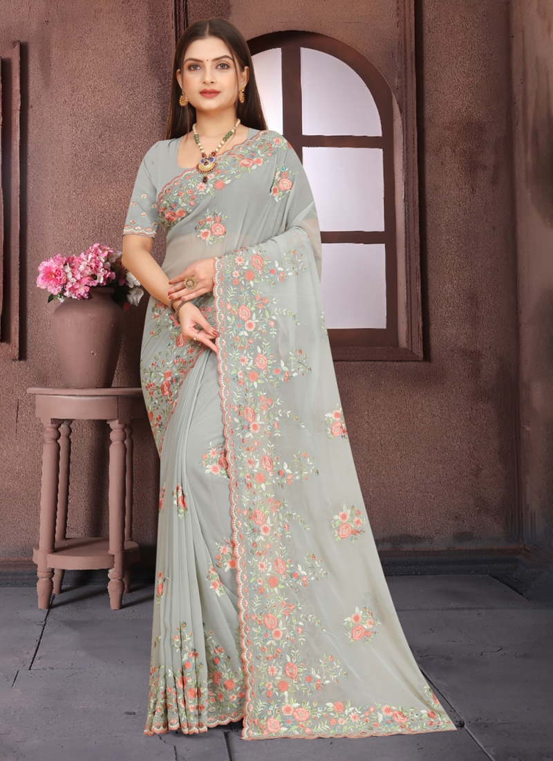 Georgette Embroidered Grey Contemporary Style Saree