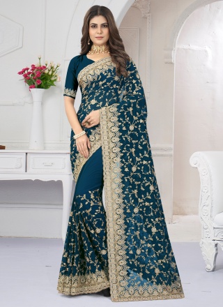 Georgette Embroidered Morpeach  Classic Saree