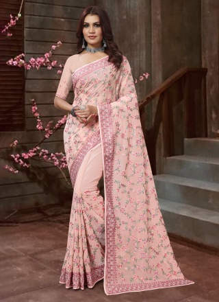 Georgette Embroidered Peach Trendy Saree