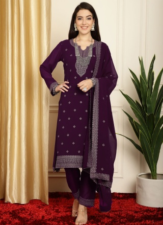 Georgette Embroidered Trendy Salwar Suit in Purple