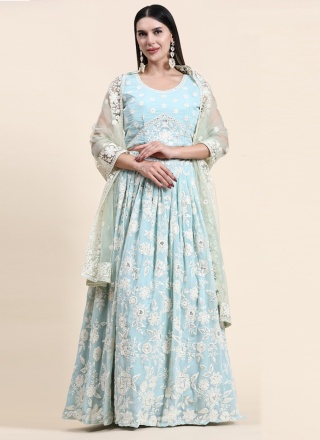 Georgette Lucknowi work Aqua Blue Designer Lehenga Choli