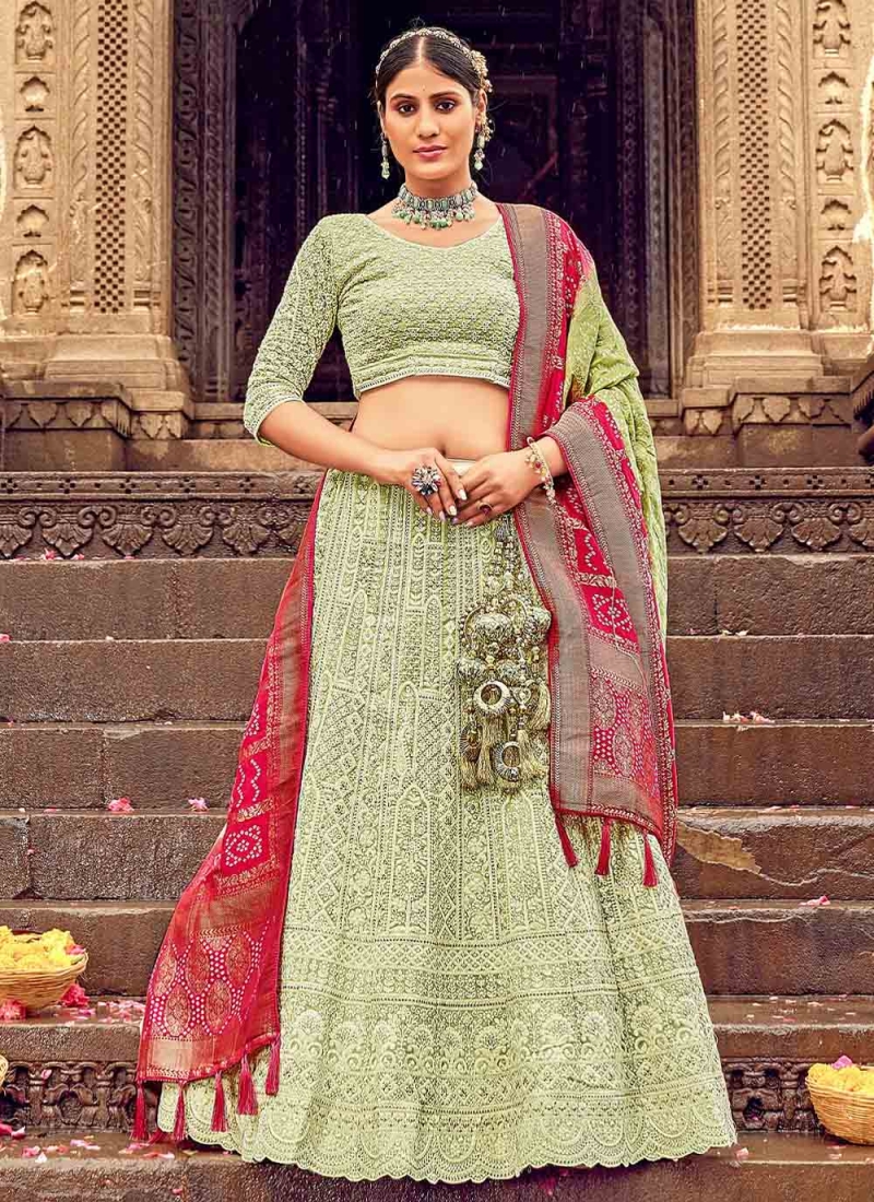 Georgette Lucknowi work Designer Lehenga Choli in Green