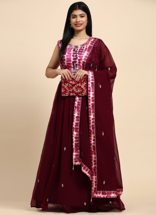 Georgette Maroon Embroidered R