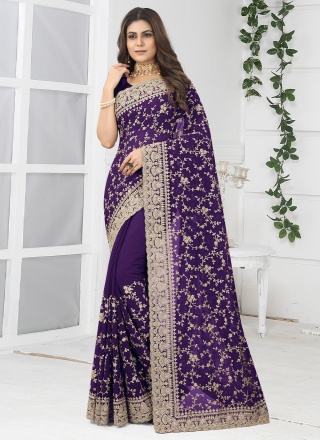 Georgette Purple Embroidered Designer Contemporary Saree