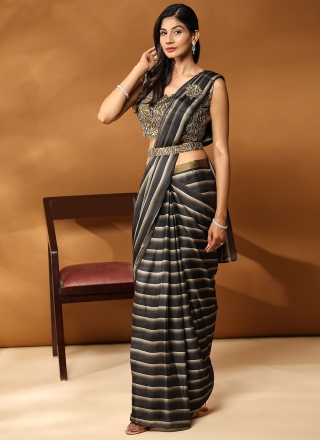 Georgette Satin Sequins Black and Green Contemporary Saree