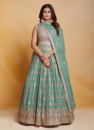 Georgette Sea Green Thread Designer Gown