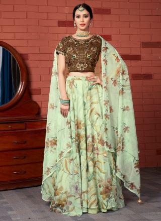 Gilded Digital Print Sea Green Silk Trendy A Line Lehenga Choli