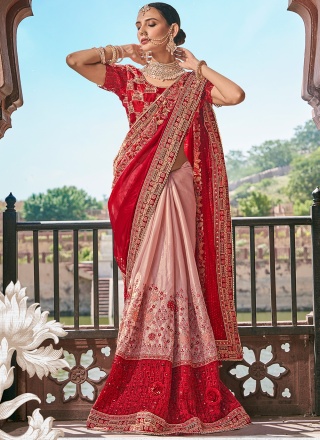 Girlish Pink and Red Embroidered Half N Half  Saree