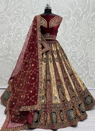 Glamorous Cream and Maroon Sequins Velvet Designer Lehenga Choli