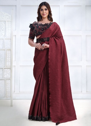 Glamorous Embroidered Georgette Maroon Contemporary Saree