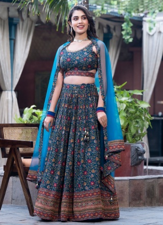 Gleaming Chinon Digital Print Blue Readymade Lehenga Choli