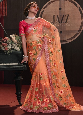 Glitzy Net Orange Thread Work Designer Saree