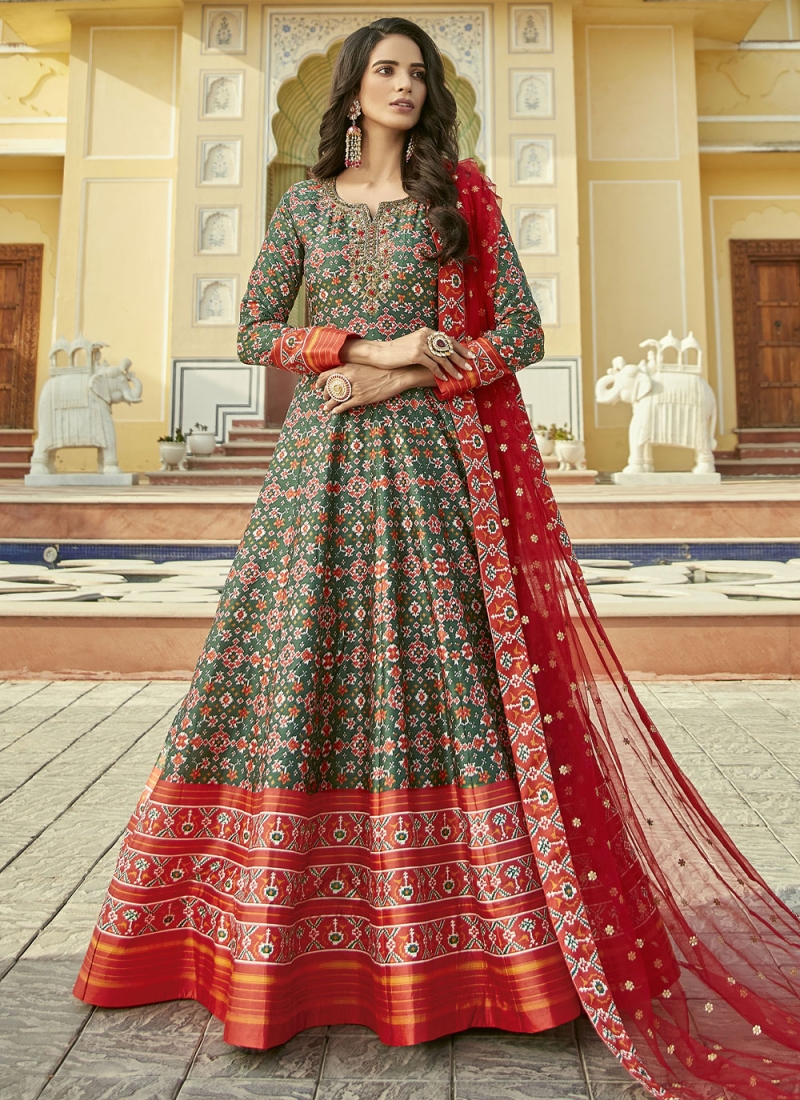 Glorious Patola Print Green and Red Floor Length Gown