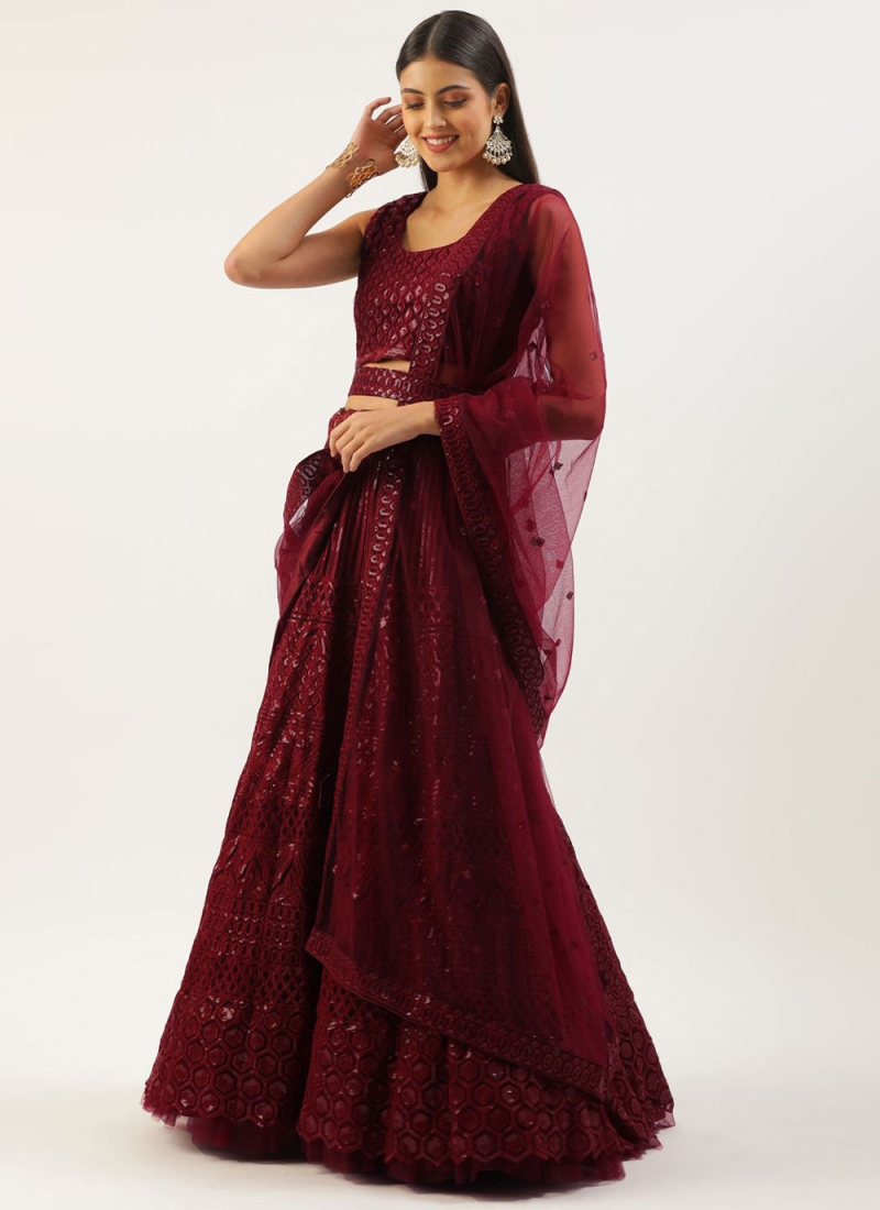 Glossy Net Sequins Maroon Lehenga Choli