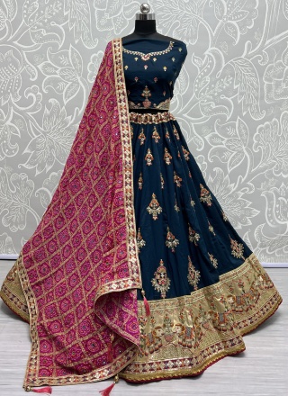 Glossy Silk Navy Blue Sequins Designer Lehenga Choli