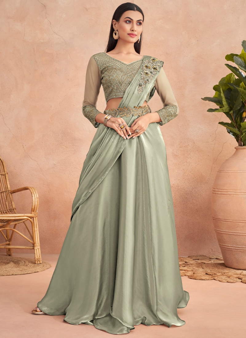 grandiose embroidered sea green silk lehenga style saree 27141
