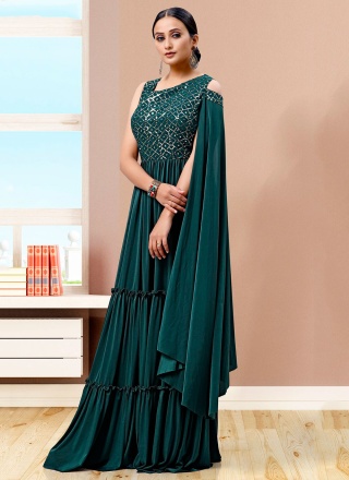 Gratifying Sequins Lycra Green Floor Length Gown