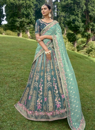 Green and Sea Green Embroidered Lehenga Choli