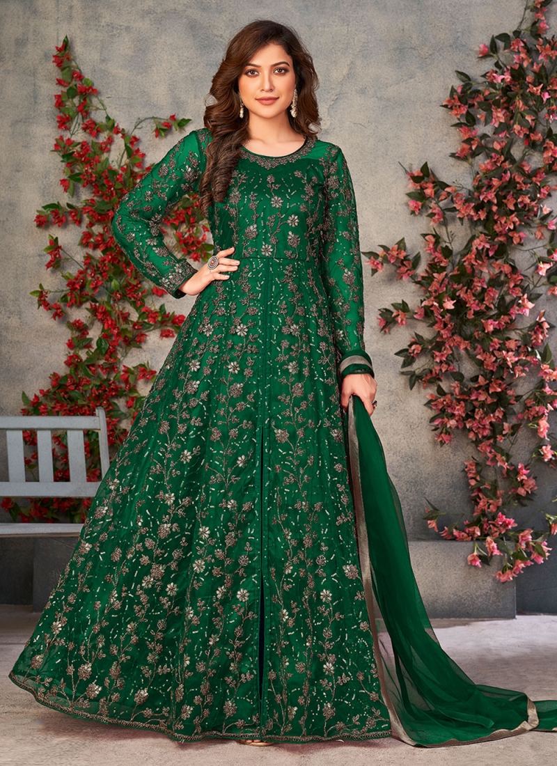 Green Color Designer Floor Length Suit