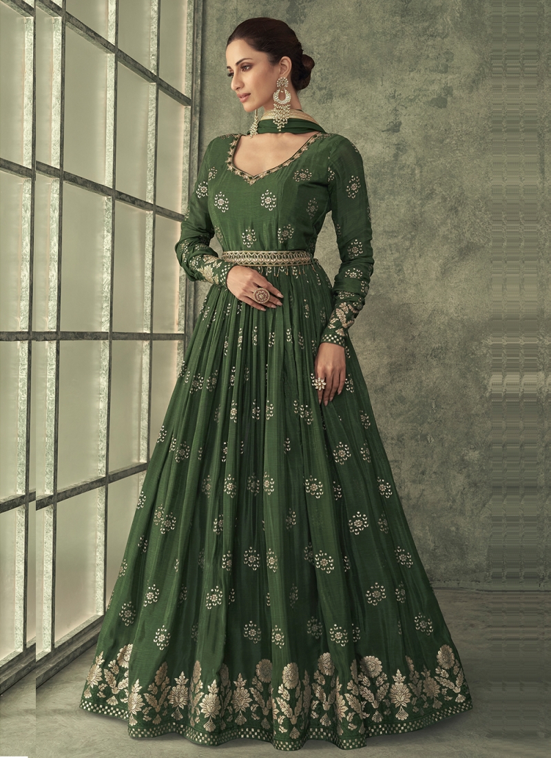 Maroon & Sea Green Color Gown