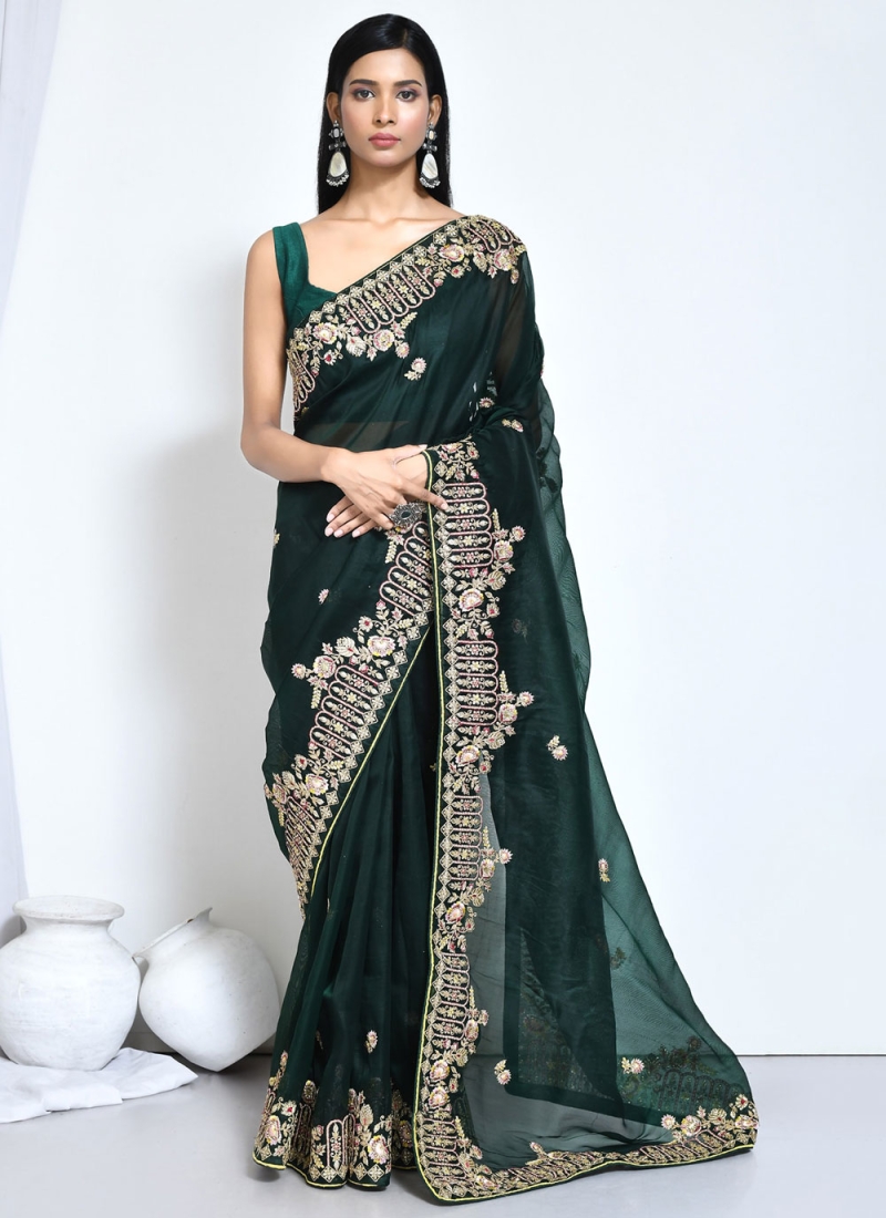 Green Embroidered Party Contemporary Saree