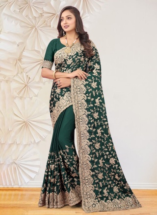 Green Embroidered Satin Silk Designer Saree