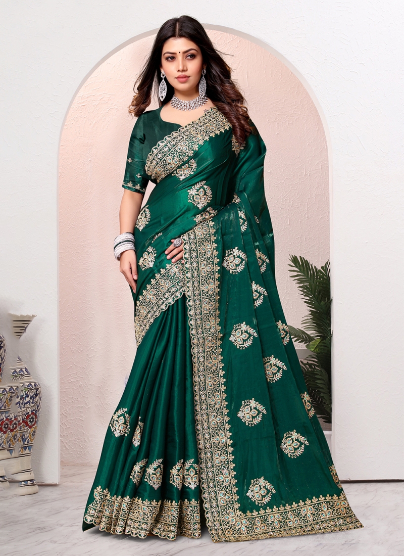 Green Embroidered Trendy Saree