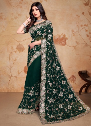 Green Embroidered Trendy Saree