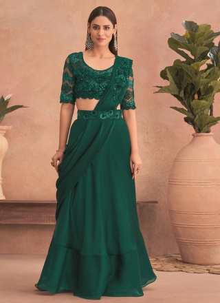 Green Engagement Ruffle Saree